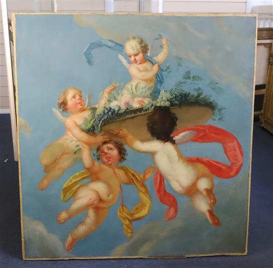 Attributed to Charles Augustus Henry Lutyens (1829-1915) Cherubs flying with a platter of grapes and flowers 37.5 x 36in., unframed